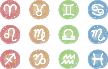 黄道12星座の4つのエレメントを表した手描きシンボルマークの描かれたイラスト