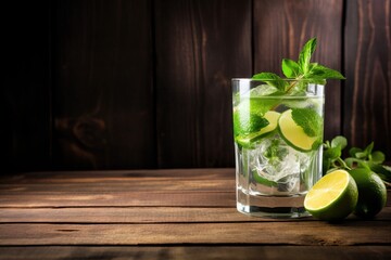  a glass of water with limes and mint on a wooden table next to a wooden wall and a wooden table with a wooden plank.  generative ai