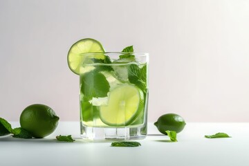  a glass of limeade with limes and mints on the side of the glass and a lime slice on the side of the glass.  generative ai