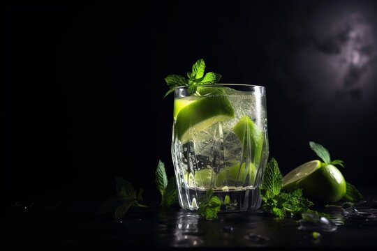  a glass of water with limes and mints on a table with a black background and a black background with a white light behind it.  generative ai
