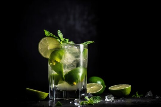  a glass of limeade with limes and mint on a black background with ice cubes and mints around it and a lime slice on the side.  generative ai