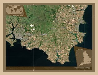 South Hams, England - Great Britain. Low-res satellite. Labelled points of cities