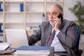 Old male employee speaking by phone at workplace