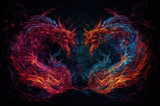 abstract blue and red dragons that are on fire. The illustration's background is black. Generative AI