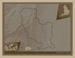 South Kesteven, England - Great Britain. Sepia. Labelled points of cities