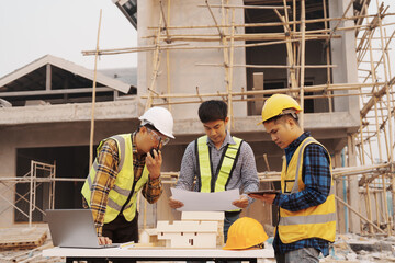 Team of engineer and worker checking construction site outdoors Surveyor builder Engineer surveying...