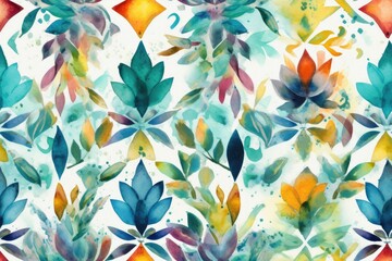 All-over seamless hand painted multicolor watercolor arabesque flowery geometrical design with leaves. Generative AI