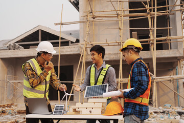 Team of engineer and worker checking construction site outdoors Surveyor builder Engineer surveying...