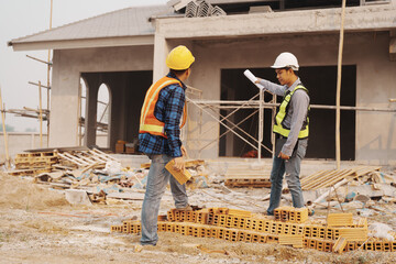Team of engineer and worker checking construction site outdoors Surveyor builder Engineer surveying work checking schedule for rebuilding project.
