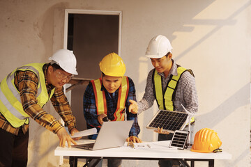 Team of engineer and worker checking construction site outdoors Surveyor builder Engineer surveying...