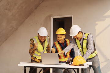Team of engineer and worker checking construction site outdoors Surveyor builder Engineer surveying...