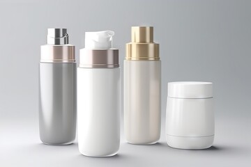  a group of three white bottles with gold caps and a white container with a gold cap and a white container with a gold cap and a white container with a gold lid.  generative ai