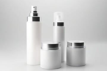  a white bottle with a black cap and a white container with a silver lid and a white container with a black lid and a white container with a black lid.  generative ai