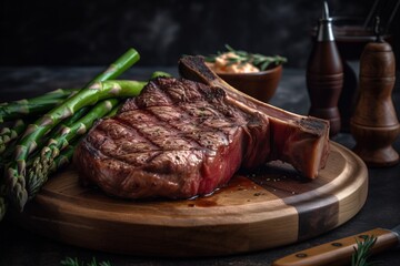  a steak and asparagus on a cutting board next to a knife and a bowl of sauce on a wooden board with a knife.  generative ai