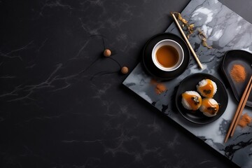  a black plate topped with sushi and chopsticks next to a bowl of sauce and a cup of tea on a marble table.  generative ai