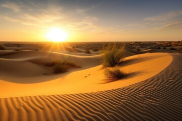 Plakat desert with the sun setting behind the dunes, casting a warm and golden glow, created with generative ai