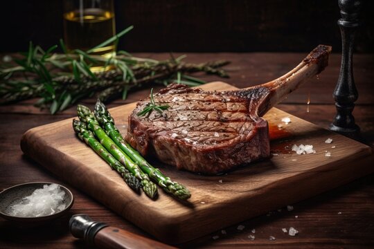  a steak and asparagus on a cutting board with salt and pepper on the side and a bottle of olive oil in the background.  generative ai