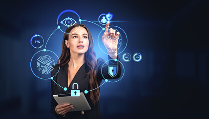 Woman with tablet using facial recognition interface