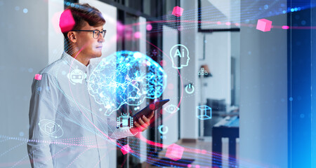 Businessman with tablet and AI brain hologram, chatbot icons and metaverse