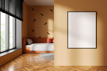 Fototapeta na wymiar Orange baby bedroom interior with bed and panoramic window. Mockup frame