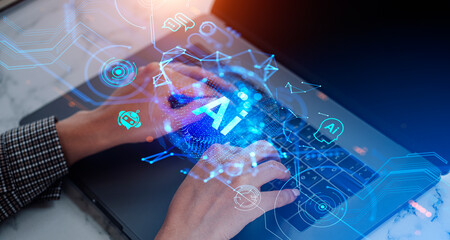 Top view of woman hands typing on laptop, AI communication and technology