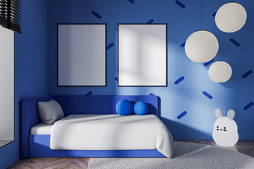 Modern blue child bedroom interior with posters