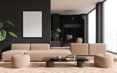 Fototapeta premium Gray and wooden bank waiting room with poster