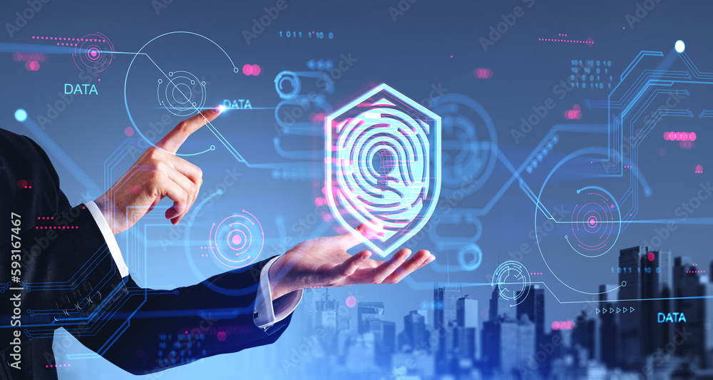 Aufkleber man hands using data protection interface in city