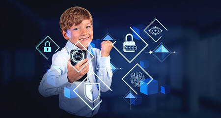 Celebrating boy with smartphone, data protection interface