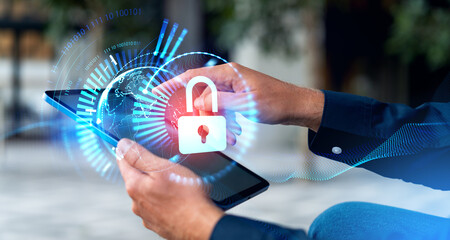 Man hands with tablet, cybersecurity interface