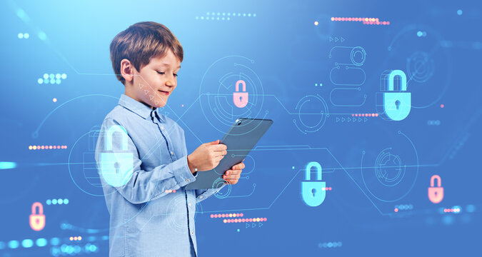 Smiling child with tablet in hands, portrait with cybersecurity