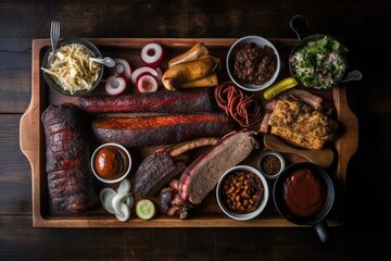 Obraz na płótnie Canvas a wooden tray filled with different types of food and condiments on it, including meats, beans, coleslaw, coleslaw, and coleslaw. generative ai