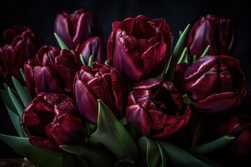  a bunch of red tulips with green leaves on a black background with water droplets on the petals and the petals still attached to the stems.  generative ai