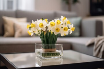  a glass table topped with a vase filled with yellow and white flowers next to a couch in a living room next to a window with a couch.  generative ai