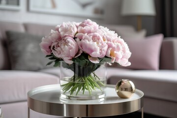  a glass vase with pink flowers on a table in a living room with a couch and a coffee table with a gold ball on it.  generative ai
