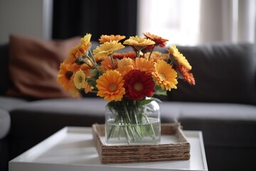  a glass vase filled with orange and yellow flowers on a table next to a couch and window with a brown pillow on it and a wooden tray.  generative ai