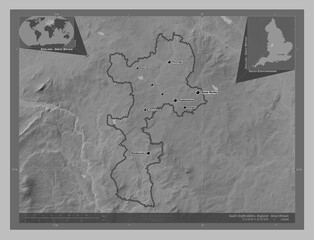 South Staffordshire, England - Great Britain. Grayscale. Labelled points of cities