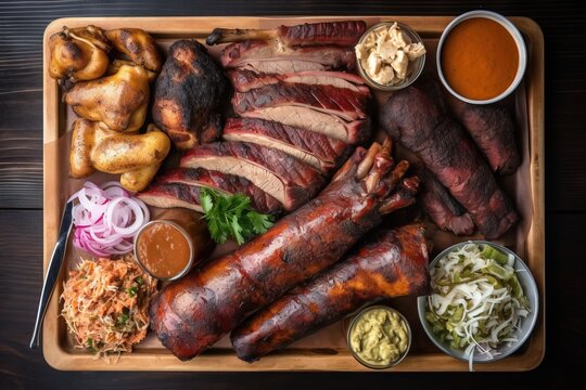  a platter of meats, sides, and condiments on a wooden tray with a knife and fork on the side of the platter.  generative ai