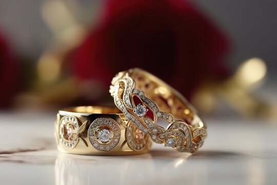  two gold wedding rings with diamonds on a white surface with a rose in the backgrouf of the image and a red rose in the background.  generative ai