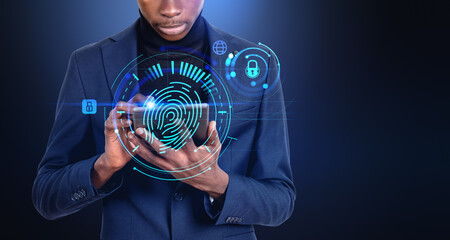 Black businessman finger touch tablet, glowing fingerprint hud and padlock