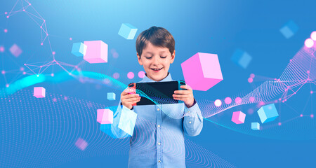 Boy with handheld console in cyberspace
