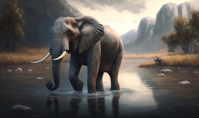 Fototapeta na wymiar A elephant crossing a river. Generated By Ai