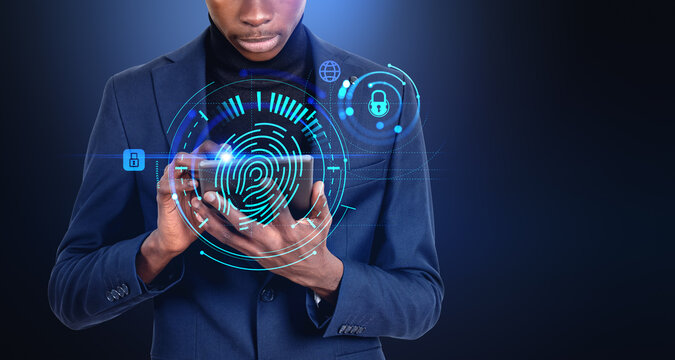 Black businessman finger touch tablet, glowing fingerprint hud and padlock