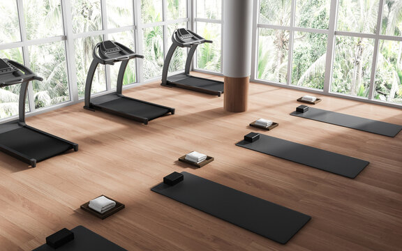 Top view of wooden gym interior with treadmill and yoga mat in row, window