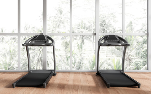 White gym interior with treadmills