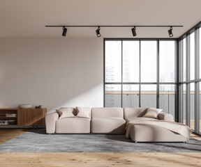 Cozy living room interior with couch and sideboard, window. Mockup wall