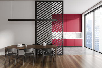 White and red kitchen and dining room interior