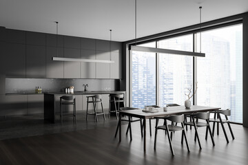 Grey kitchen interior with dining and cooking zone with bar island, window