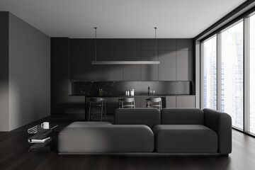 Grey studio flat interior with chill and cooking area, panoramic window