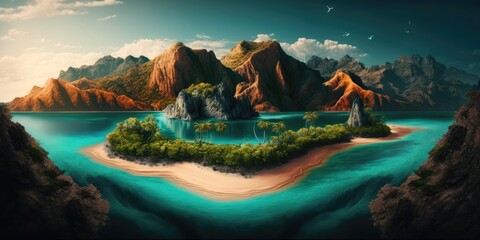 In the sea, a lovely island. Utopian paradise with turquoise colored lakes and lush green mountains. Concept image for a getaway, paradise on earth, and exotic island with sand. Generative AI